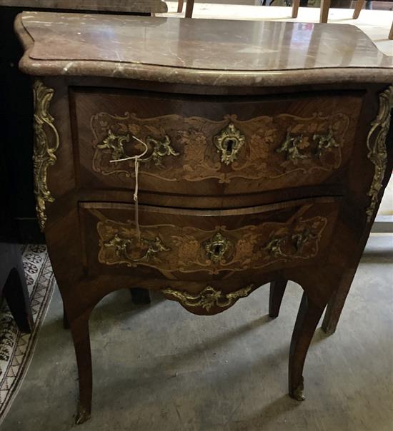 A serpentine Louis XV-style marble top marquetry chest, width 69cm, depth 38cm, height 81cm